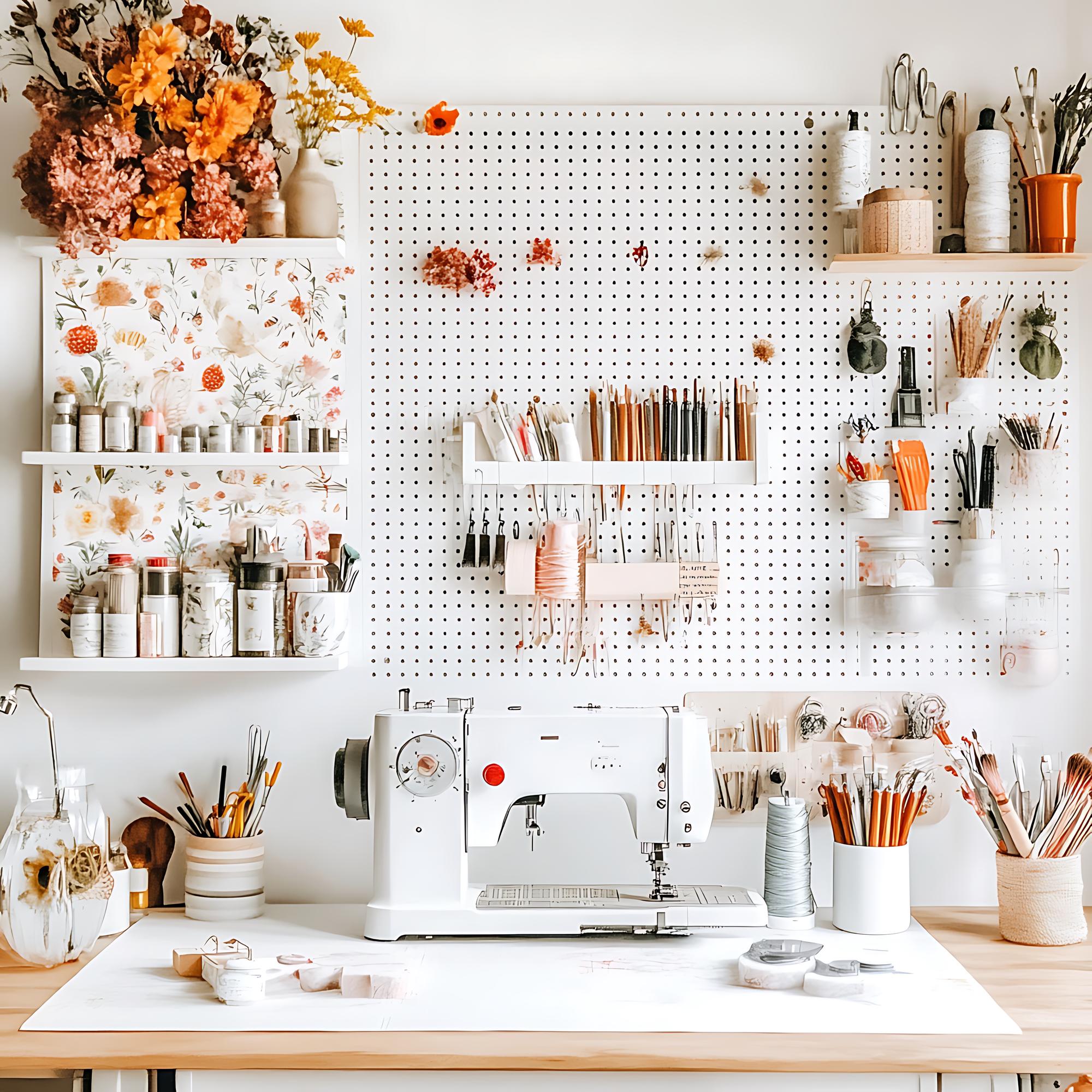 Interior atelier cu mașini de cusut și mostre
